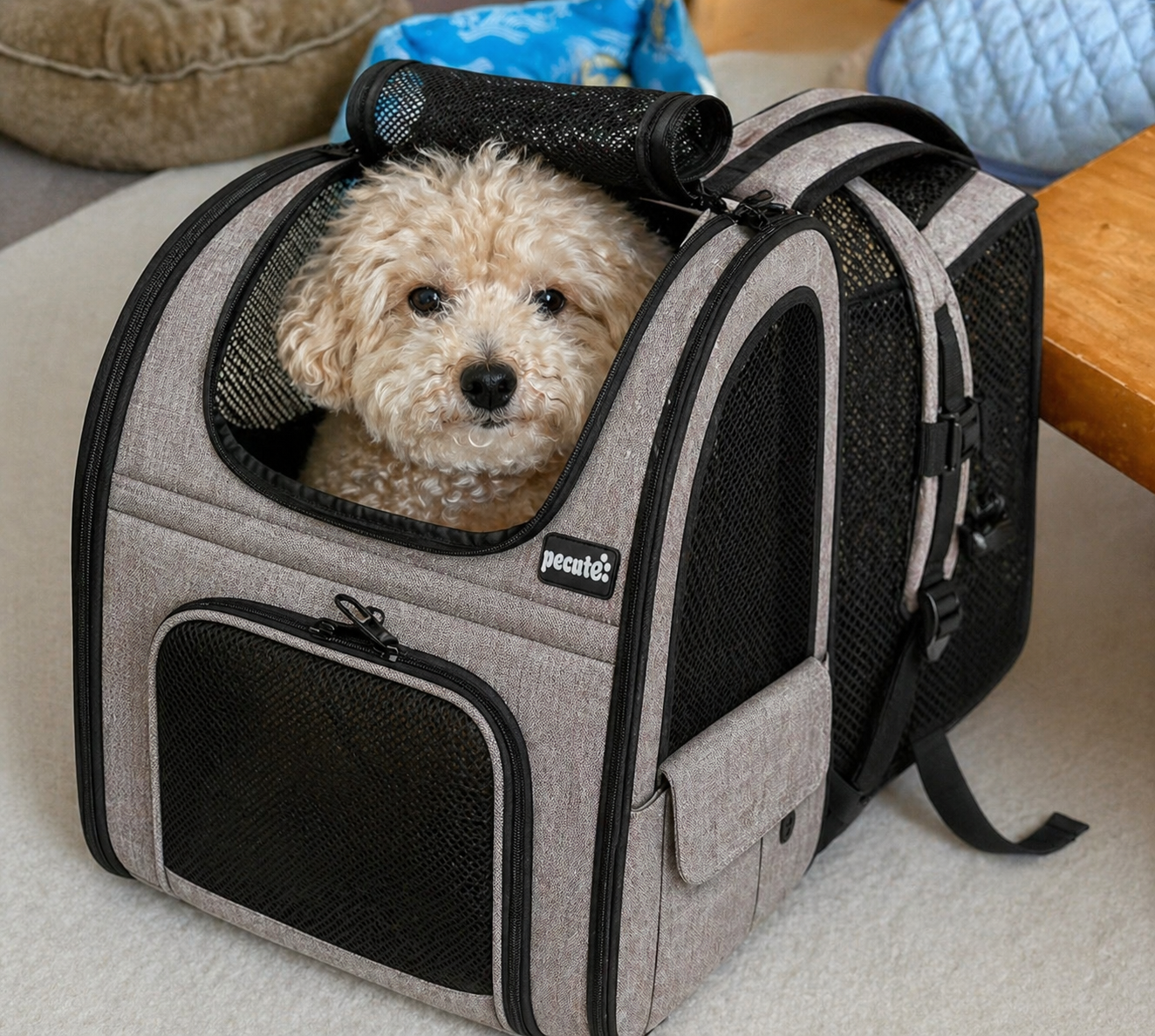 ラッちゃんがキャリーバッグに入ってお出かけ準備完了！